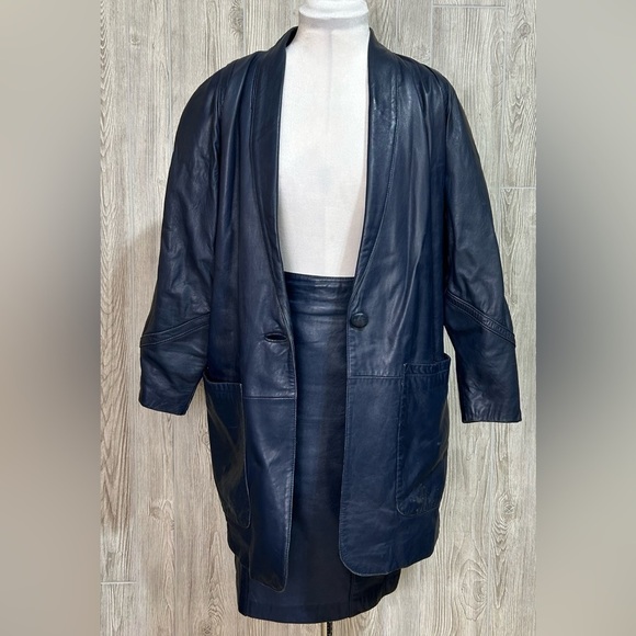Vintage Oversized Blue Leather Mario Zarelli Blazer and Pencil Skirt Set - Picture 1 of 16